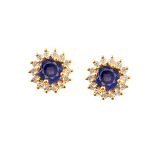 Load image into Gallery viewer, DIAMOND AND BLUE SAPPHIRE 14K YELLOW GOLD ROUND STUDS