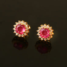 Load image into Gallery viewer, DIAMOND AND PINK SAPPHIRE 14K YELLOW GOLD ROUND STUDS