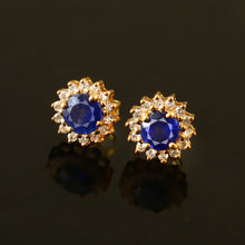 Load image into Gallery viewer, DIAMOND AND BLUE SAPPHIRE 14K YELLOW GOLD ROUND STUDS