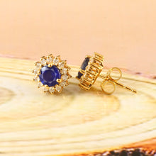 Load image into Gallery viewer, DIAMOND AND BLUE SAPPHIRE 14K YELLOW GOLD ROUND STUDS