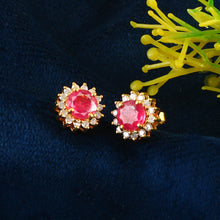 Load image into Gallery viewer, DIAMOND AND RUBY 14K YELLOW GOLD ROUND STUDS