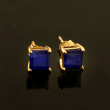 Load image into Gallery viewer, BLUE SAPPHIRE AND 14K YELLOW GOLD SQUARE SHAPE STUDS EARRING