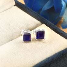 Load image into Gallery viewer, BLUE SAPPHIRE AND 14K WHITE GOLD SQUARE SHAPE STUDS EARRING