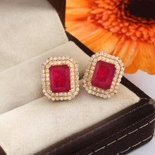 Load image into Gallery viewer, DIAMOND AND 14K YELLOW GOLD RUBY STUDS EARRING