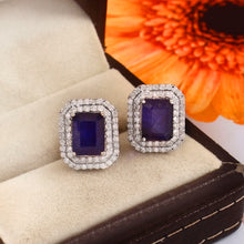 Load image into Gallery viewer, DIAMOND AND 14K WHITE GOLD BLUE SAPPHIRE STUDS EARRING
