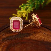 Load image into Gallery viewer, DIAMOND AND 14K YELLOW GOLD RUBY STUDS EARRING