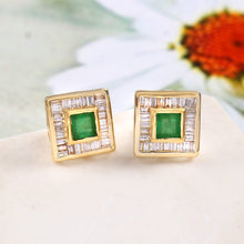 Load image into Gallery viewer, 0.85 CT DIAMOND BAGUETTE 14K YELLOW GOLD AND EMERALD STUDS EARRING