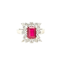 Load image into Gallery viewer, Emerald Cut Ruby Halo Luxury Diamond Ring 14k White Gold