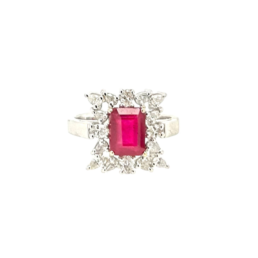 Emerald Cut Ruby Halo Luxury Diamond Ring 14k White Gold