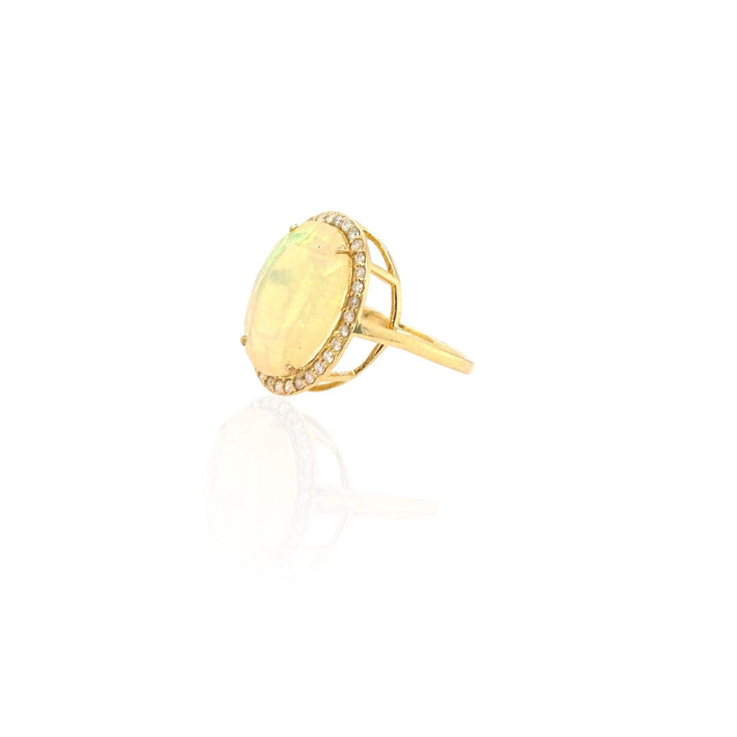 Oval Shaped Opal & Diamond Ring 14k Yellow Gold