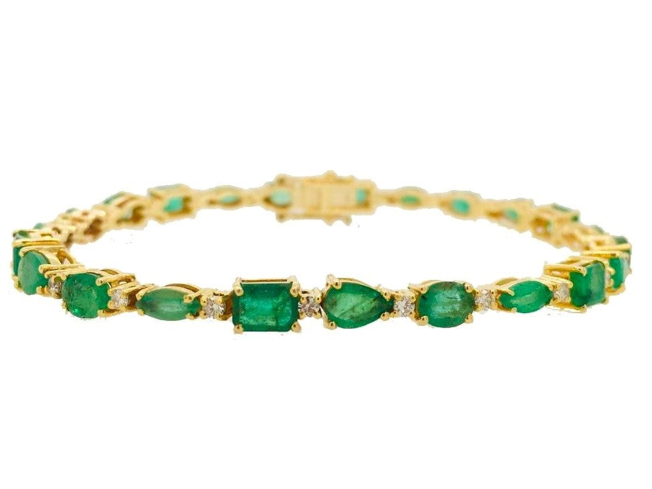 0.65Ct Diamond 7.5Ct Multi shaped Emerald Bracelet 14K yellow Gold