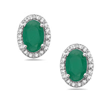 Load image into Gallery viewer, 0.14 Ct. Tw. Diamond Around 0.80 Ct. Tw. Oval Emerald  Stud 14K Yellow Gold Earring

