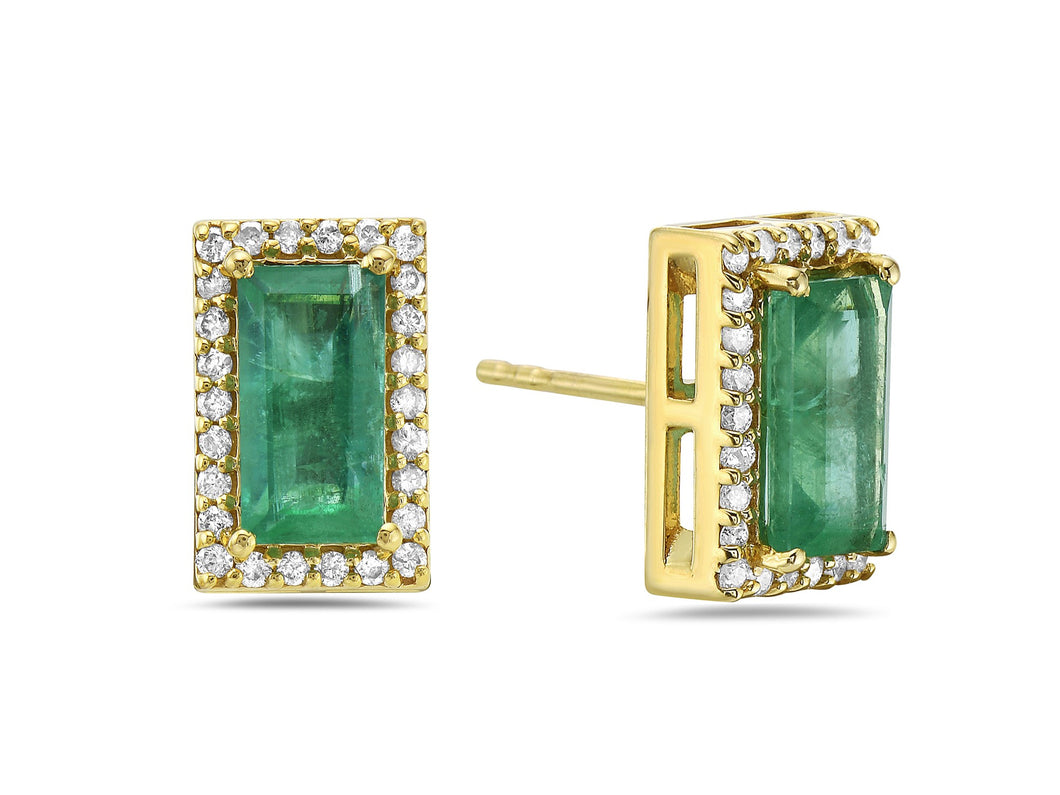 Emerald Halo Diamond Stud Earring 14K Yellow Gold
