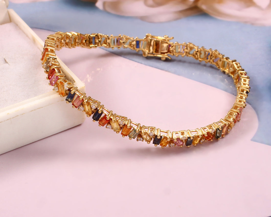 0.70 CT DIAMOND & 14K YELLOW GOLD WITH MULTI SAPPHIRE BAGUETTE BRACELET