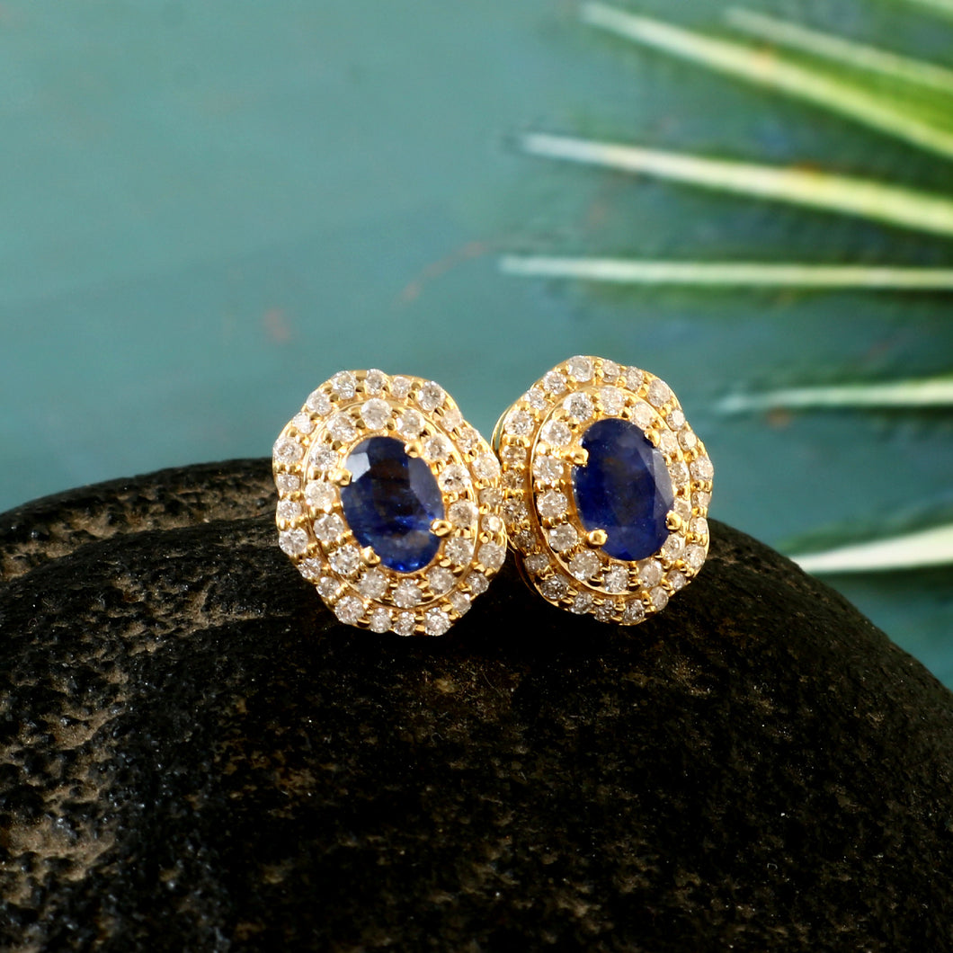 0.16 CT DIAMOND & 1.35 CT BLUE SAPPHIRE 14K YELLOW GOLD STUDS