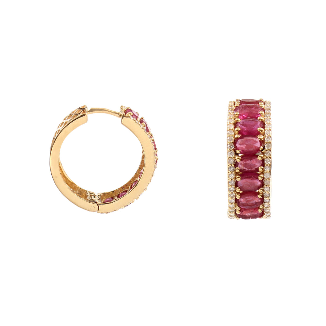 0.45 CT DIAMOND & 5.40 CT RUBY OVAL 14 K YELLOW GOLD HOOP