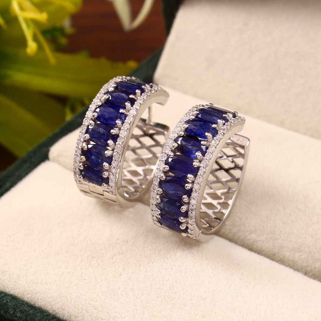 0.45 CT DIAMOND & 4.90 CT BLUE SAPPHIRE OVAL 14 K WHITE GOLD HOOP