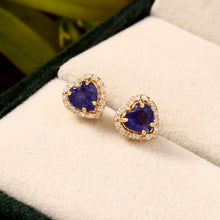 Load image into Gallery viewer, 0.13 CT DIAMOND &amp; 1.35 CT SAPPHIRE HEART 14K YELLOW GOLD STUDS
