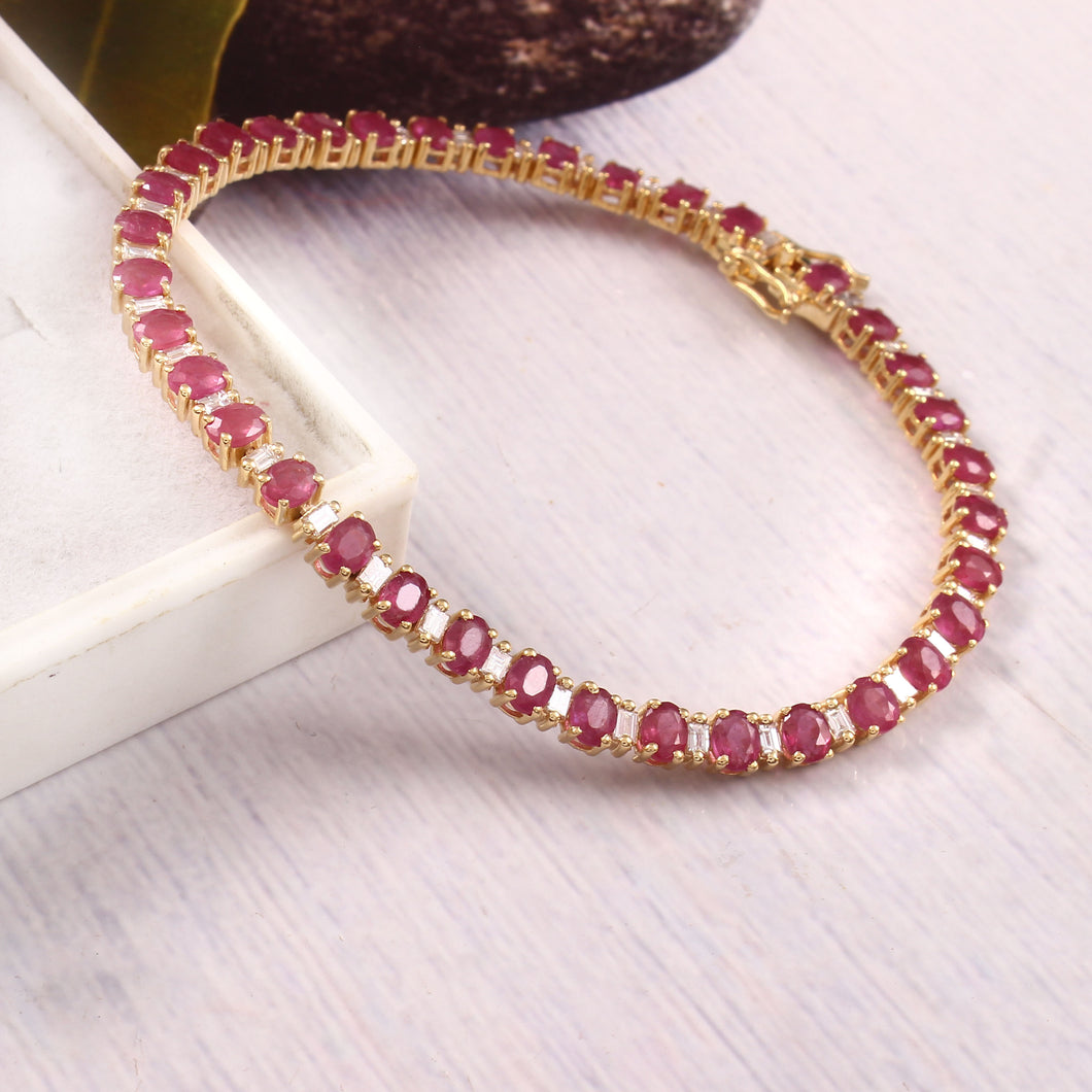 1.20 CT DIAMOND BAGUETTE & 9.05 CT RUBY 14K YELLOW GOLD TENNISH BRACELET