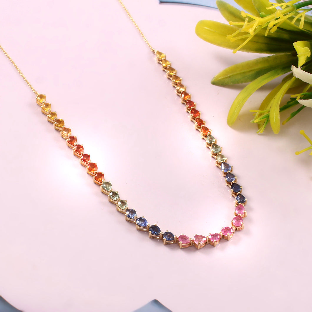 13.00 CT MULTI SAPPHIRE PEAR  14K YELLOW GOLD NECKLACE WITH CHAIN