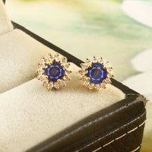 Load image into Gallery viewer, DIAMOND AND BLUE SAPPHIRE 14K YELLOW GOLD ROUND STUDS

