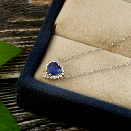 0.07 CT DIAMOND & 0.45 CT BLUE SAPPHIRE HEART SHAPE 14K YELLOW/WHITE GOLD CHAIN PANDENT NECKLACE