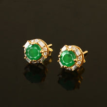 Load image into Gallery viewer, DIAMOND AND DIAMOND BAGUETTE 14K YELLOW GOLD WITH EMERALD ROUND STUDS
