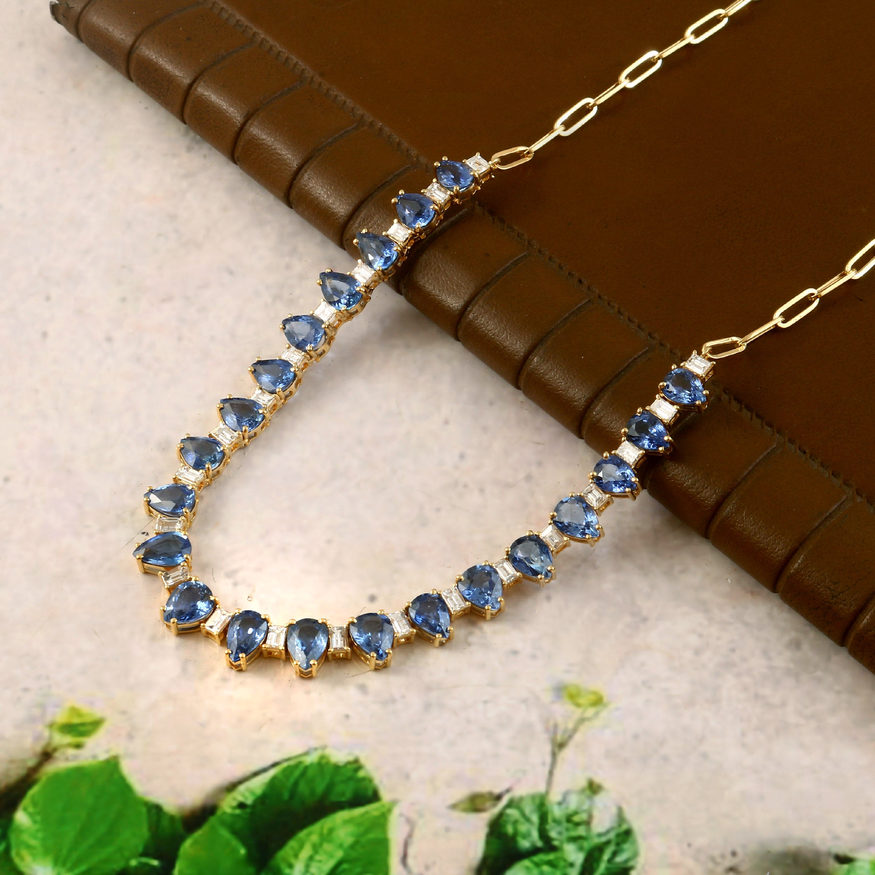 2.95 CT BAGUETTE DIAMOND & 24.20 CT HEATED BLUE SAPPHIRE 14K YELLOW GOLD NECKLACE