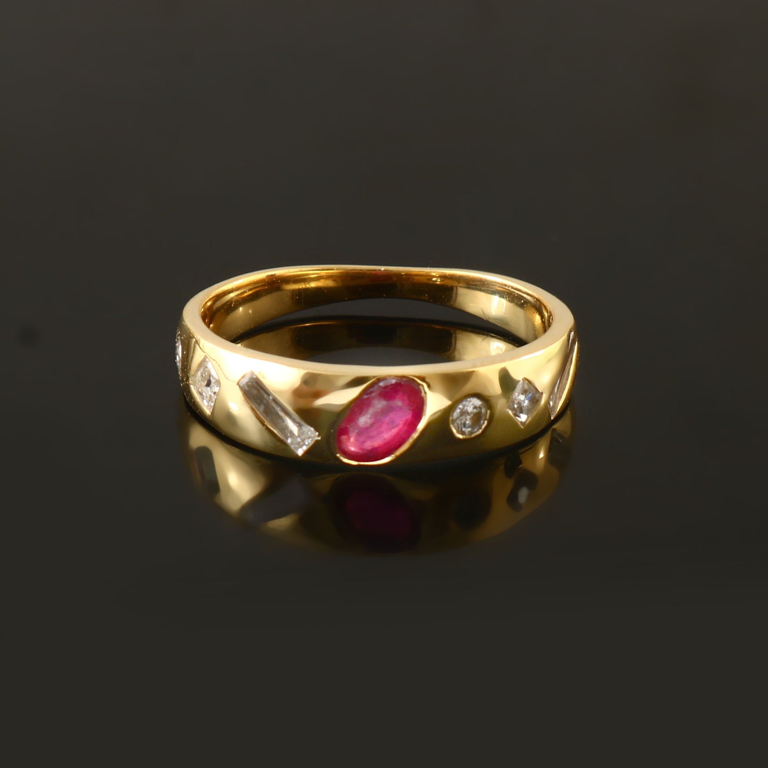 0.45 CT DIAMOND MIX SHAPE & 0.40 CT RUBY 14K  YELLOW GOLD RING