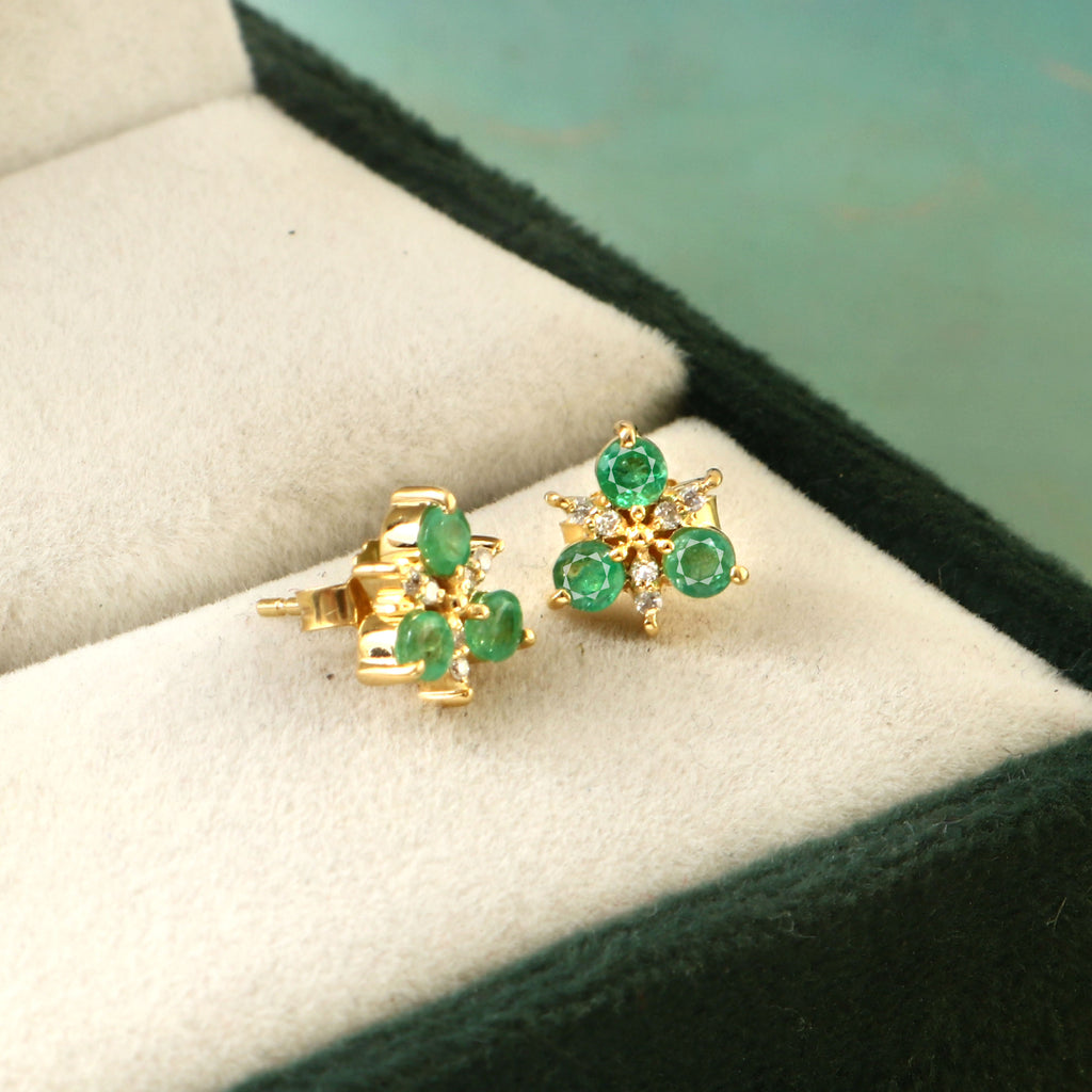 0.07 CT DIAMOND & 0.50CT EMERALD 14K YELLOW GOLD STUDS