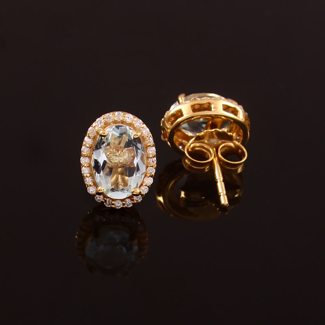 0.15 CT DIAMOND & 1.40 CT AQUAMARINE 14K YELLOW GOLD STUDS