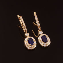 Load image into Gallery viewer, 0.70 CT DIAMOND &amp; 1.60 CT BLUE SAPPHIRE 14K YELLOW GOLD HUGGIE EARRING
