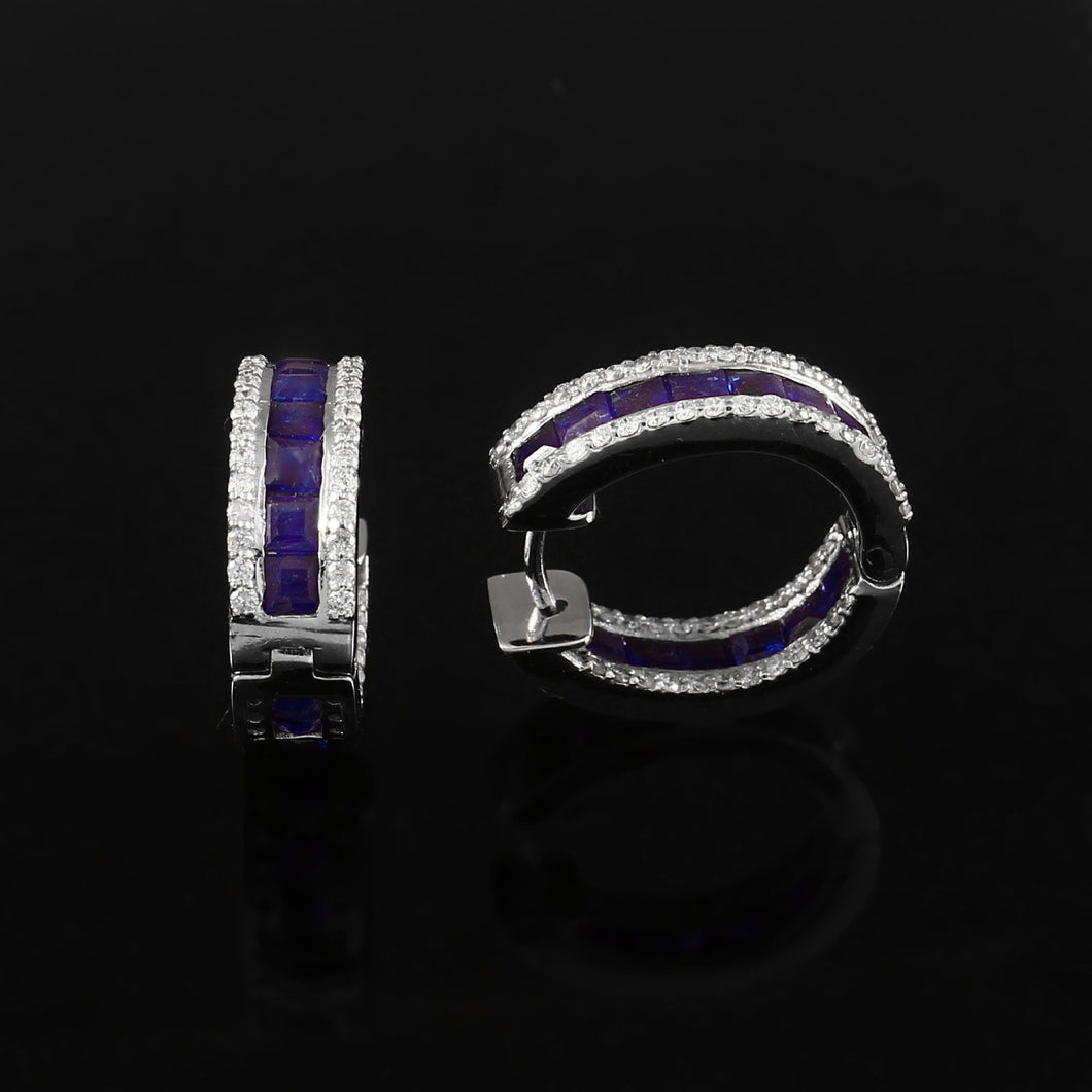 DIAMOND AND 14K WHITE GOLD BLUE SAPPHIRE CHAUKEE HOOP EARRING