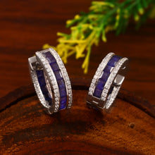 Load image into Gallery viewer, DIAMOND AND 14K WHITE GOLD BLUE SAPPHIRE CHAUKEE HOOP EARRING
