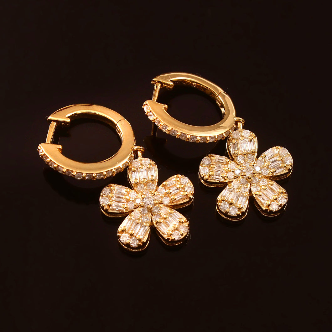 096 CT DIAMOND & BAGUETTE 14K YELLOW GOLD FLOWER EARRING