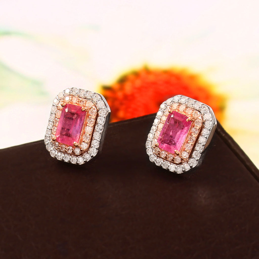 0.50 CT DIAMOND 14k WHITE GOLD AND PINK SAPPHIRE STUDS EARRING