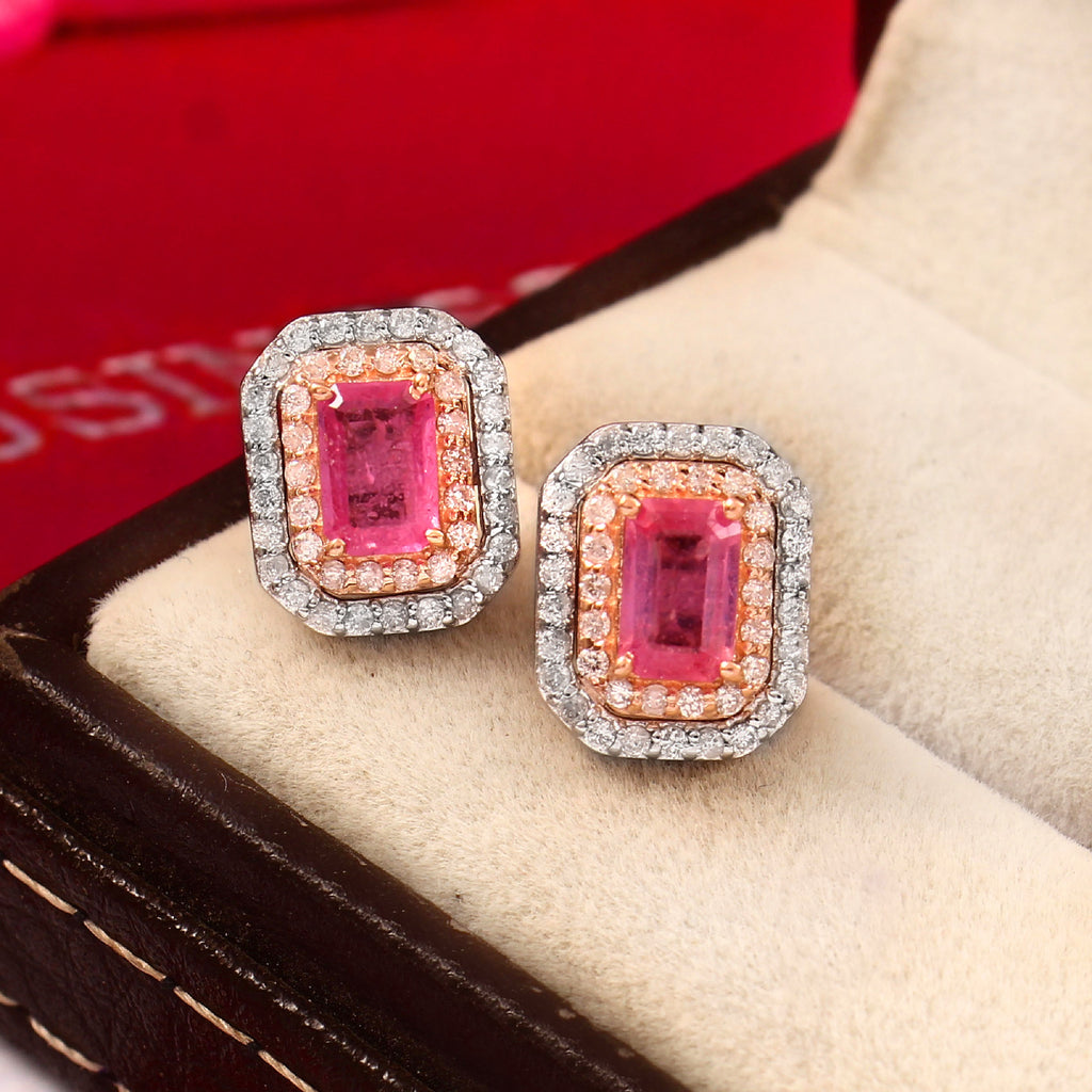 0.50 CT DIAMOND 14k WHITE GOLD AND PINK SAPPHIRE STUDS EARRING