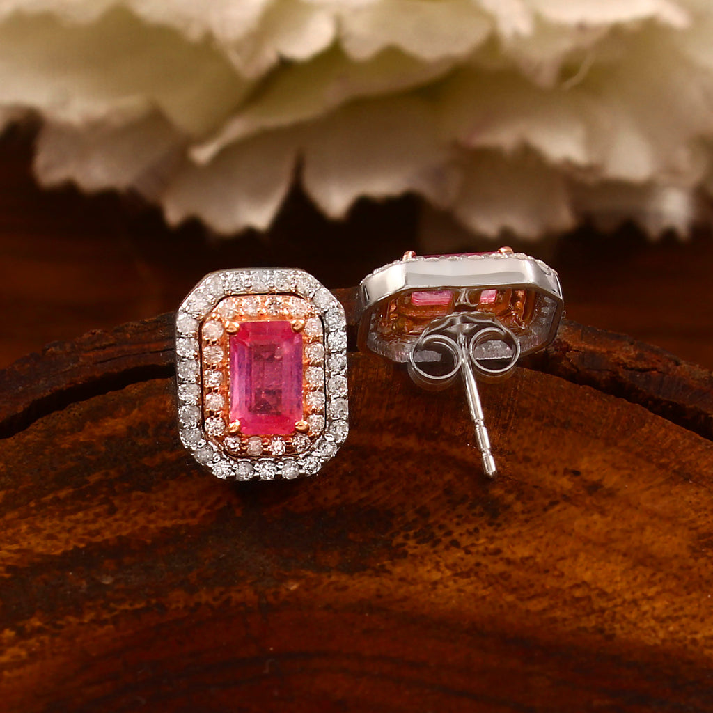 0.50 CT DIAMOND 14k WHITE GOLD AND PINK SAPPHIRE STUDS EARRING