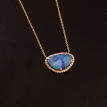 Load image into Gallery viewer, 0.20 CT DIAMOND &amp; 2.00 CT BLUE OPAL, 14K YELLOW GOLD CHAIN PENDANT NECKLACES
