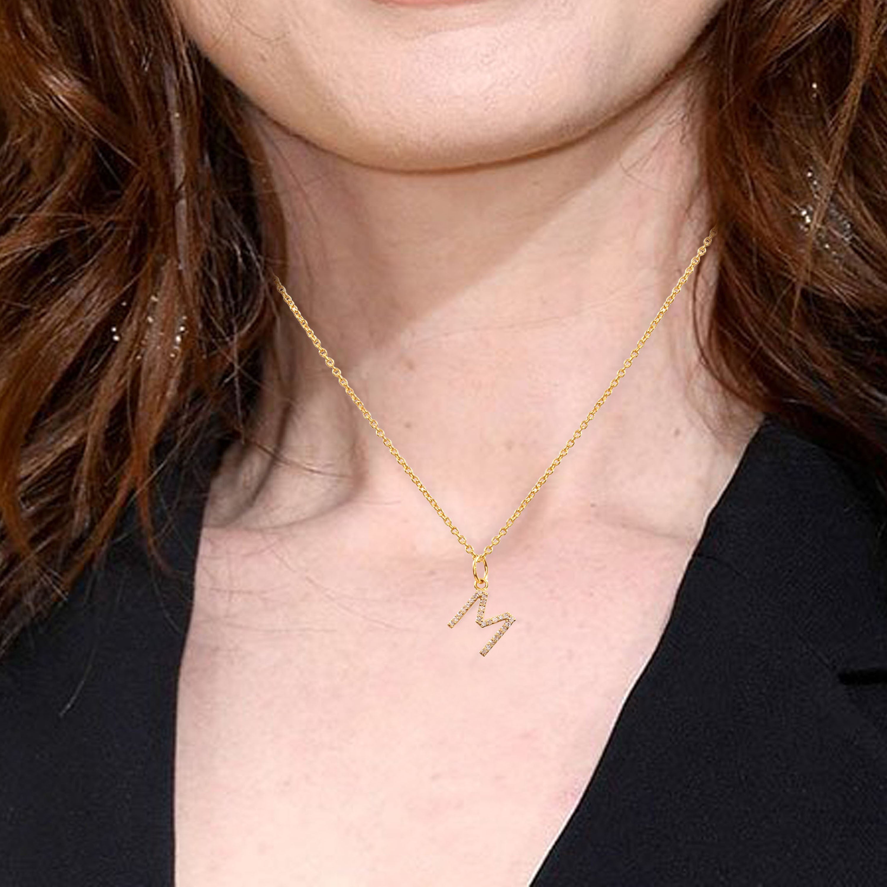 0.10 Ct Diamond 14k yellow Gold Letter Charm Chain Pendant