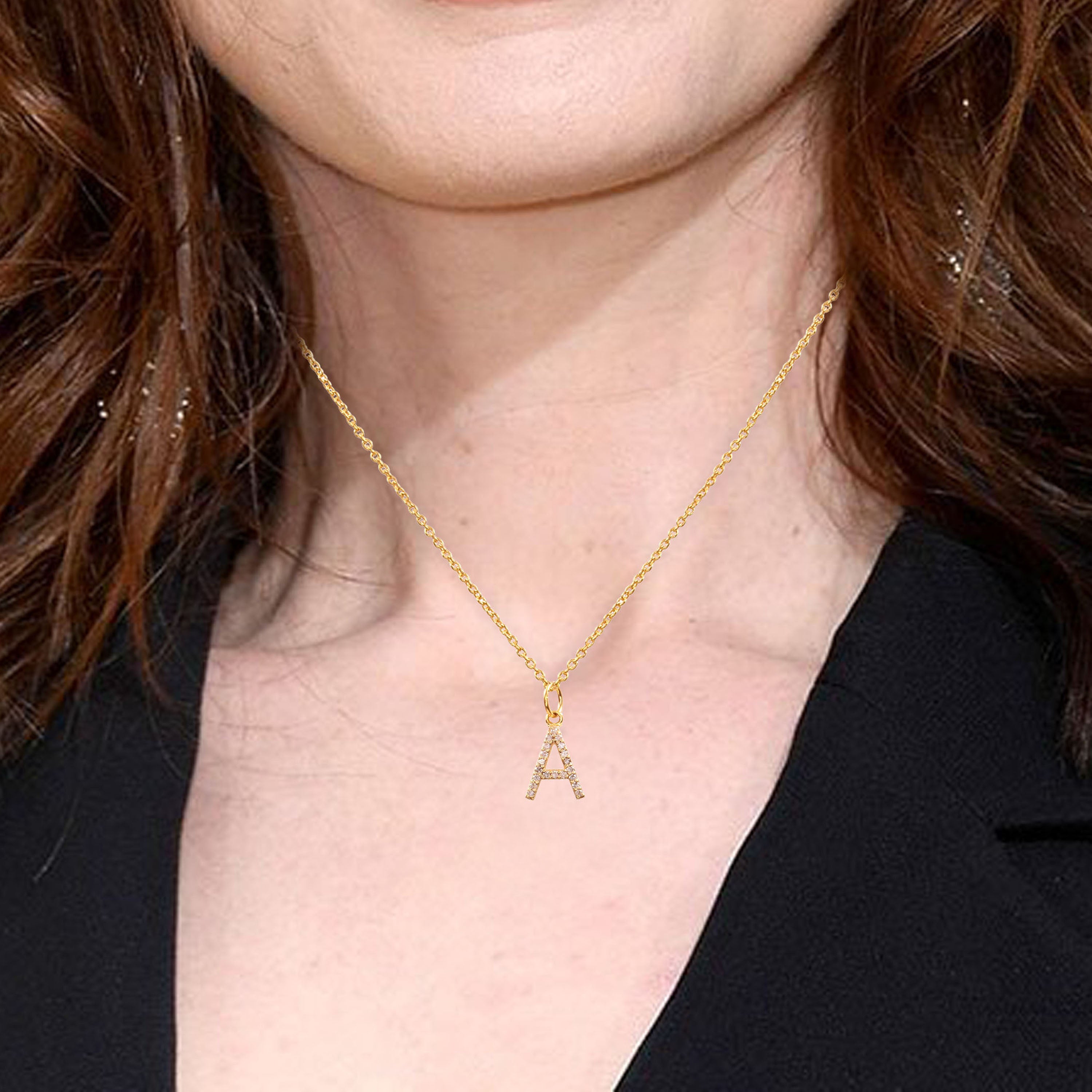 0.10 CT DIAMOND 14K YELLOW GOLD LETTER CHARM CHAIN  PENDANT