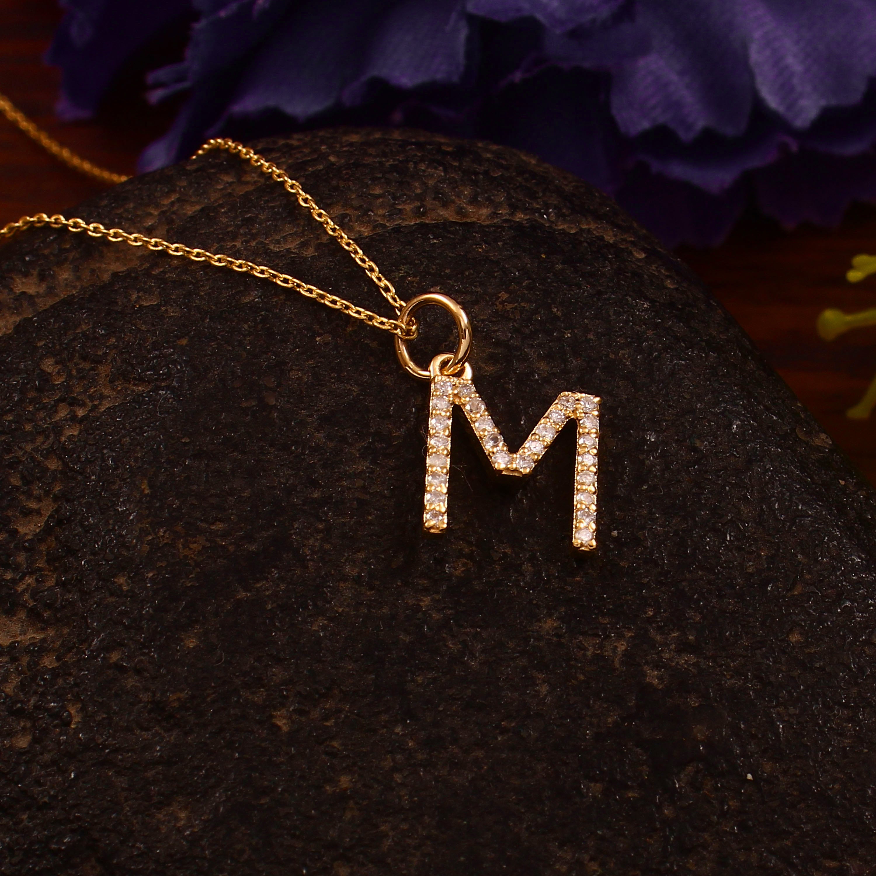 0.10 Ct Diamond 14k yellow Gold Letter Charm Chain Pendant