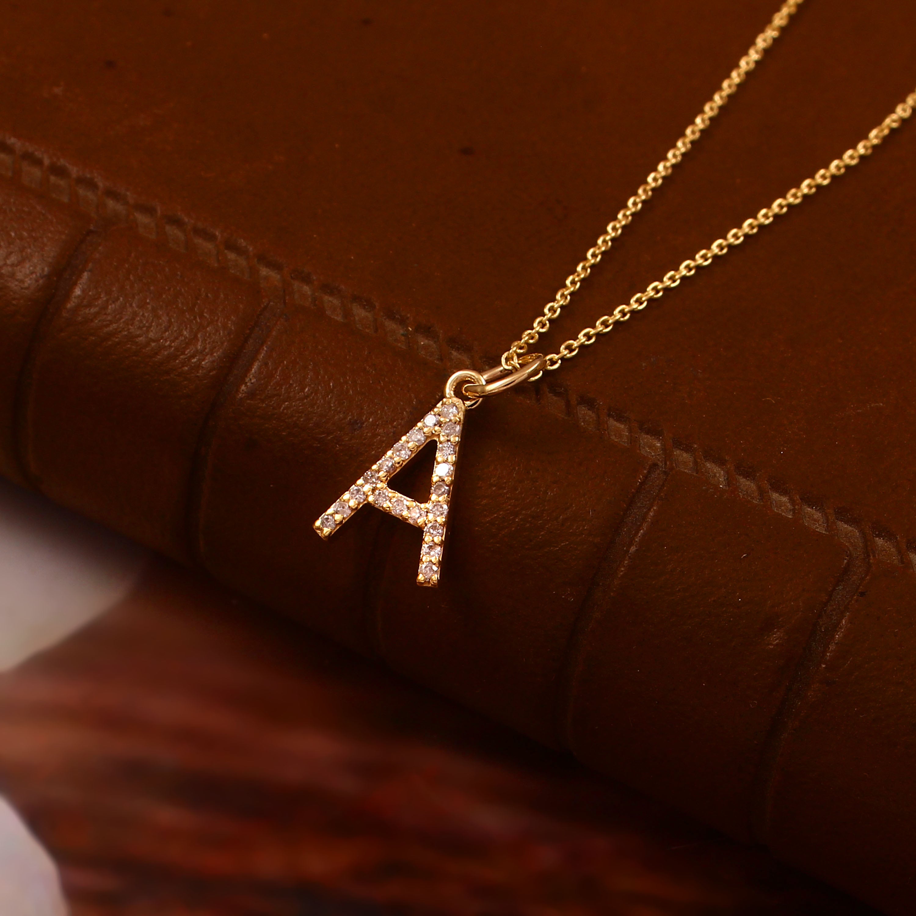 0.10 CT DIAMOND 14K YELLOW GOLD LETTER CHARM CHAIN  PENDANT