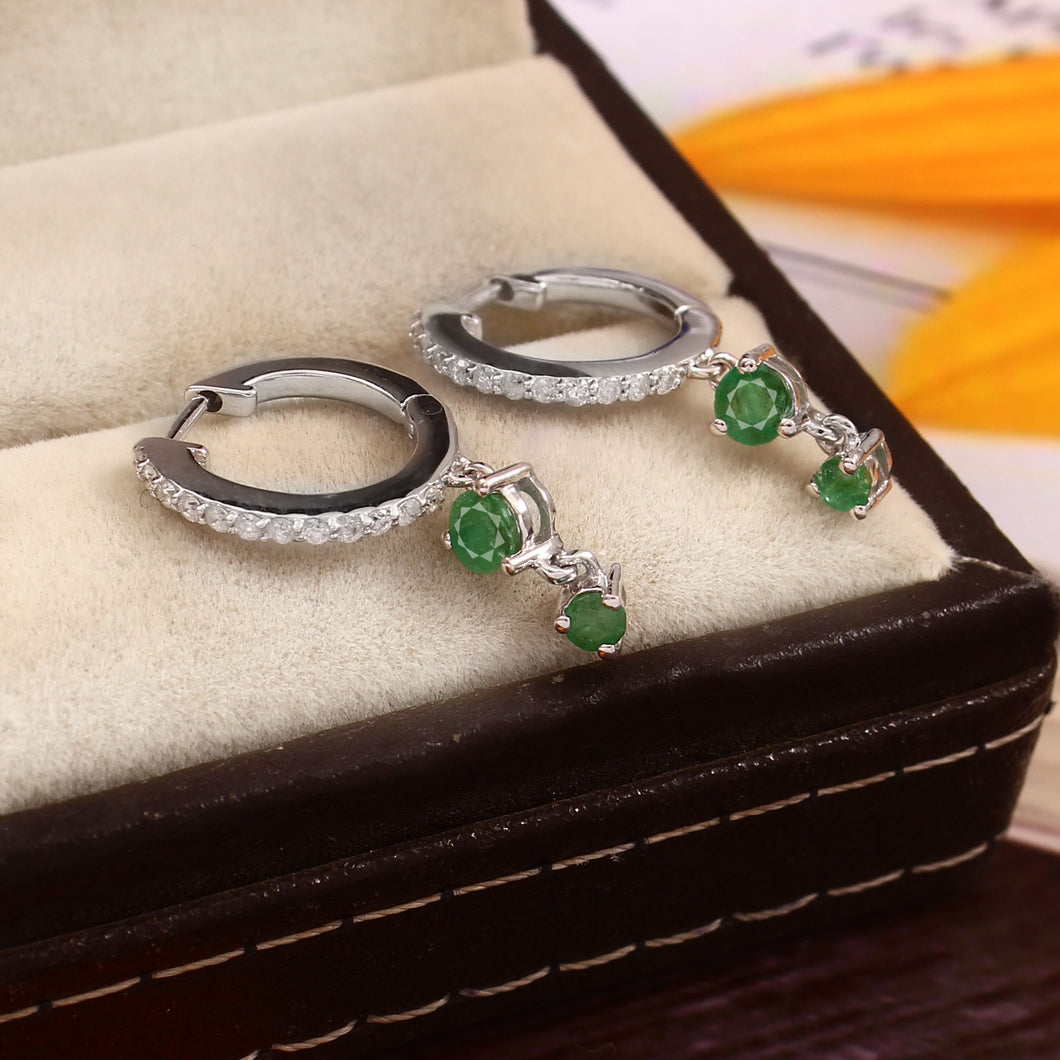 0.20 CT DIAMOND & 14K WHITE GOLD WITH EMERALD HUGGIE HOOP EARRING