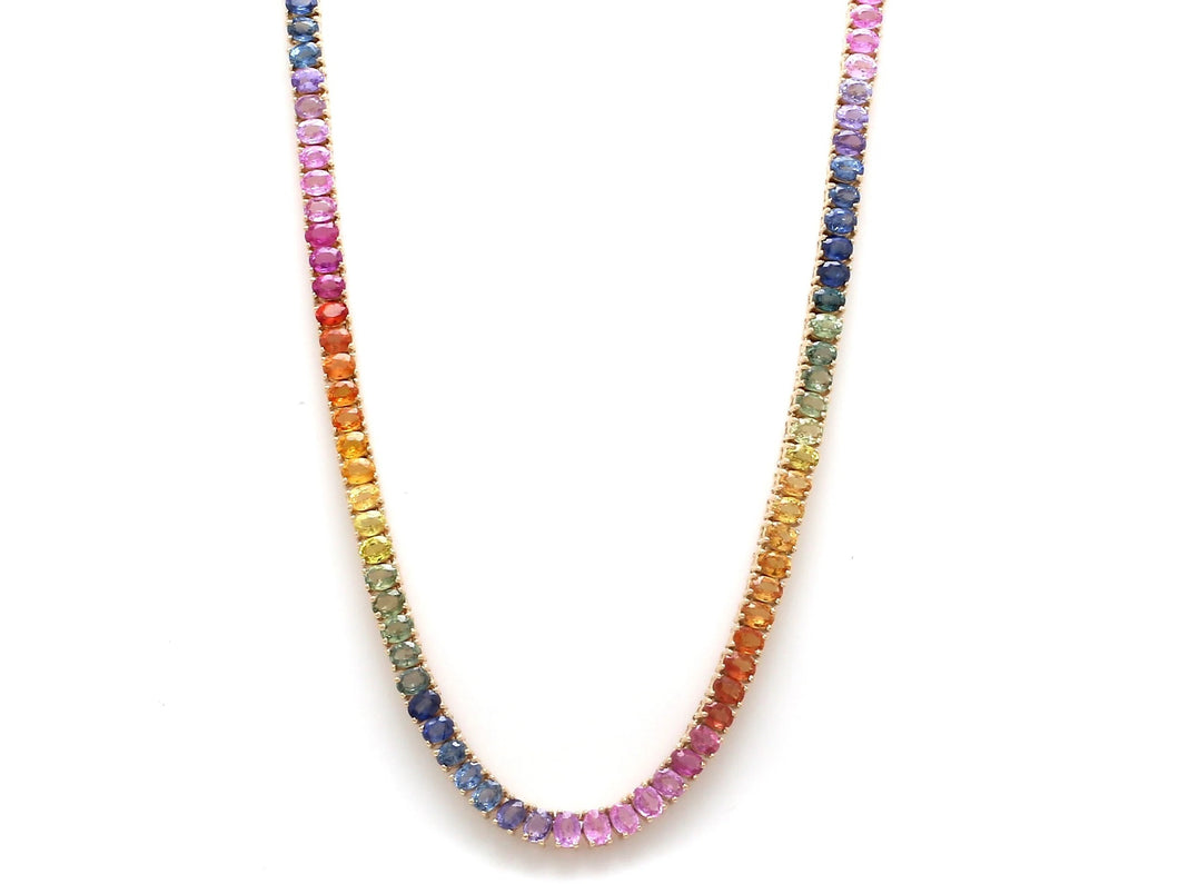 41.50Ct Oval shaped Multi Sapphire Rainbow Tennis Necklace 14K Rose Gold