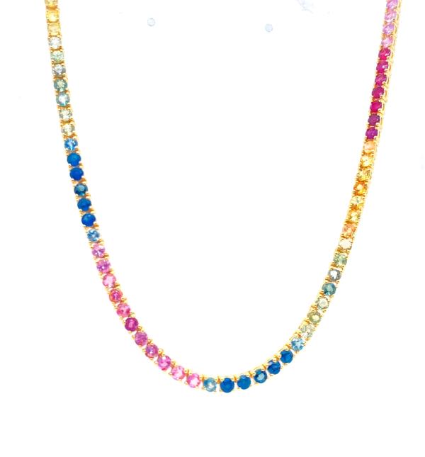14.20Ct Multi Sapphire 14K Yellow Gold Tennis Necklace