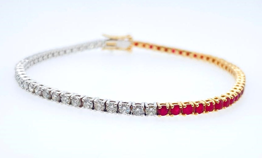 Half Natural Diamonds Half Ruby(2.1Ct) 14k Gold Tennis Bracelet