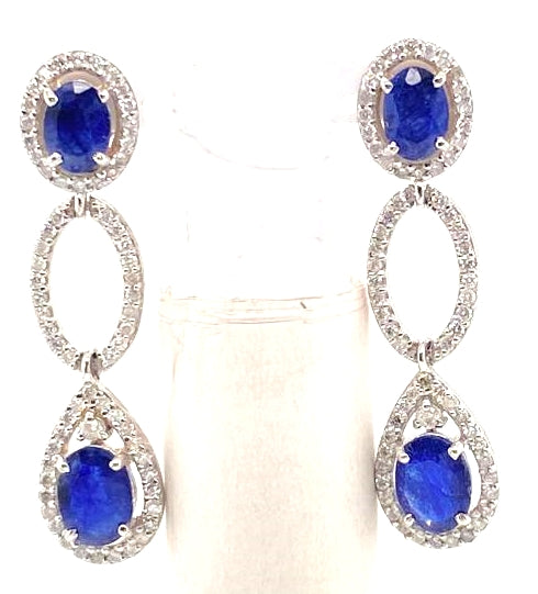 2.1Ct Diamond 9.35Cts Blue Sapphire 18K White Gold Earring