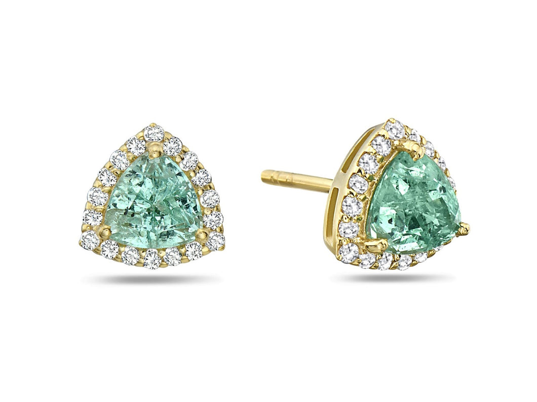0.2Ct Diamond 0.85Ct Triangle emerald Stud earring 14k Yellow Gold