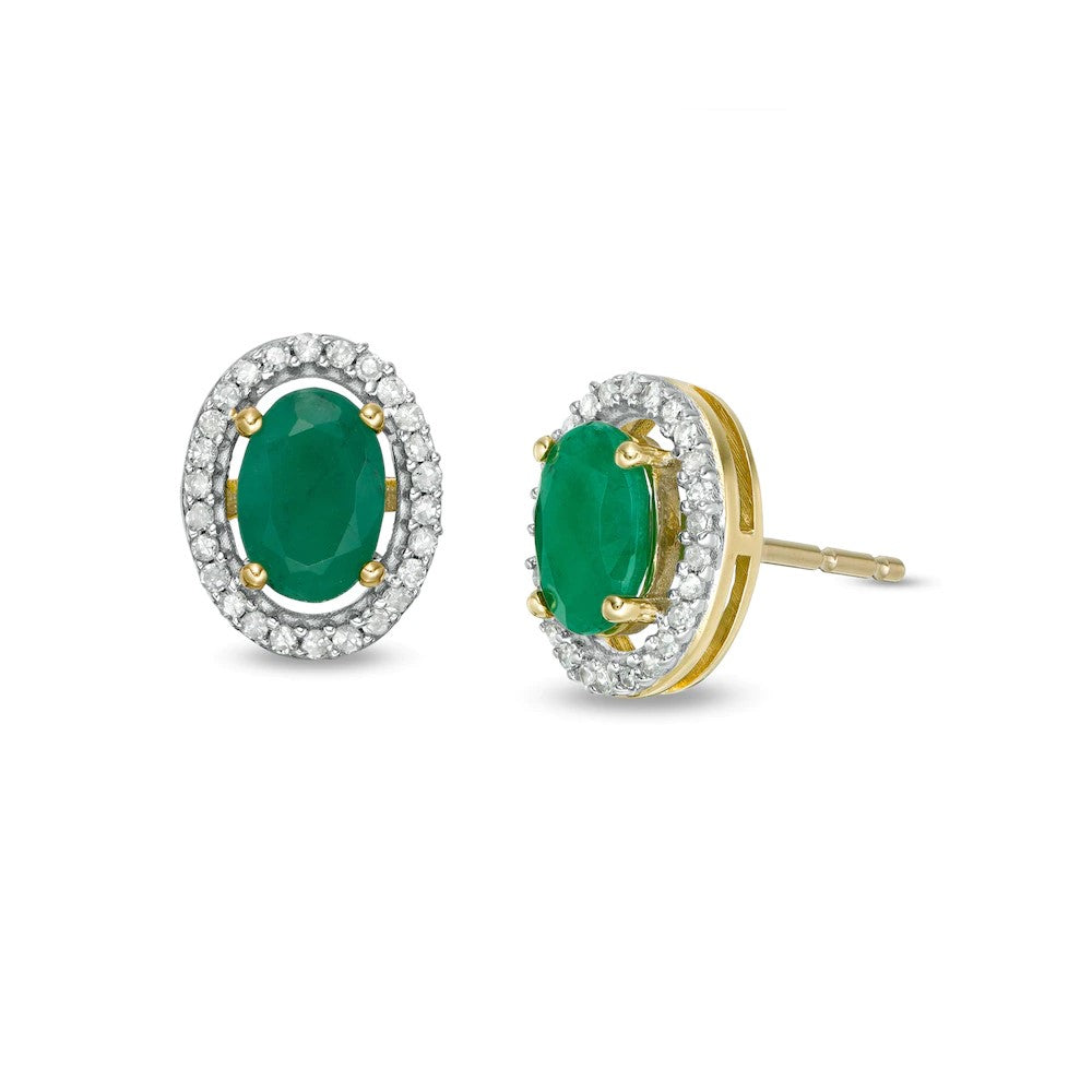 0.56 Ct. Tw. Diamond Around 2.56 Ct.tw. Emerald Oval 14k Yellow Gold Stud Earring